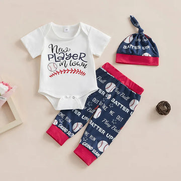 Baby Boys 3Pc White Short Sleeve "New Player In Town" Onesie, Baseball Print Pants & Hat Set
